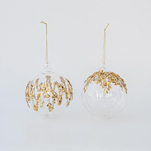 [600-45774] BOLA DE CRISTAL CON RELIEVE ORO 2 DISEÑOS, SET 4UNDS, 8cm
