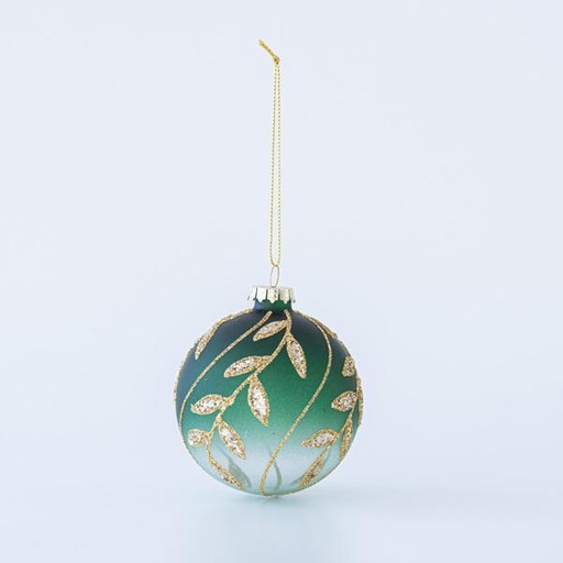 [600-45738] BOLA DE CRISTAL VERDE CON HOJAS DE ORO, SET 4UNDS, 10cm
