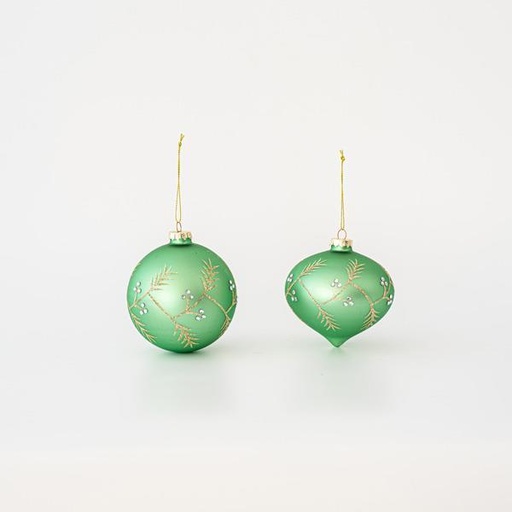 [600-45730] ADORNO DE CRISTAL, VERDE, CON DISEÑOS DORADOS, 2 FORMAS, SET 4UNDS, 10cm