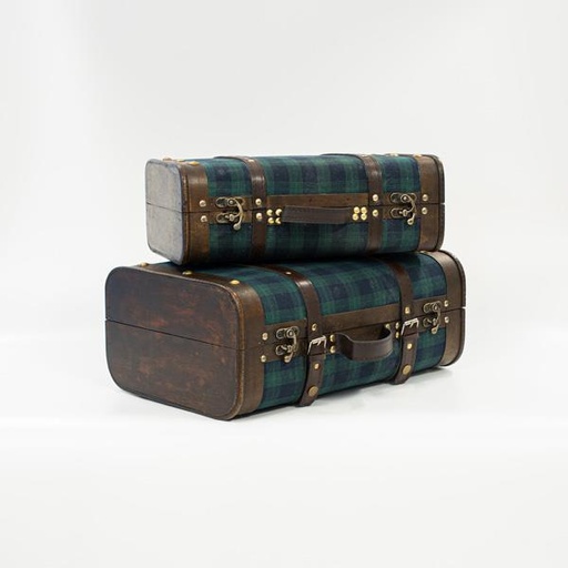[600-45729] MALETA DE TELA CUADROS VERDE-AZUL, SET 2 UD, 42x28,3x17,5cm Y 36x22,5x13,2cm