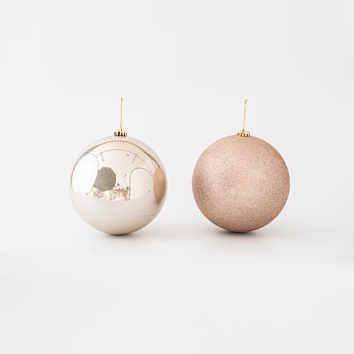 [600-45698] BOLAS DE PLÁSTICO, ROSA CHAMPÁN, BRILLANTE Y GLITTER, SET 2UD, 20cm