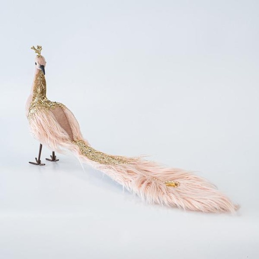 [600-45591] PAVO REAL TERCIOPELO, SALMÓN CLARO. CON PLUMAS, 30x17x60cm