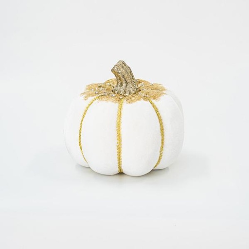 [600-45581] CALABAZA DE TERCIOPELO, BLANCA, CON BRILLO DORADO, 20cm
