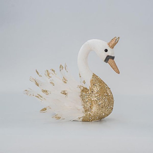 [600-45574] CISNE DE TERCIOPELO, BLANCO, CON BRILLO DORADO, 27x22x28cm