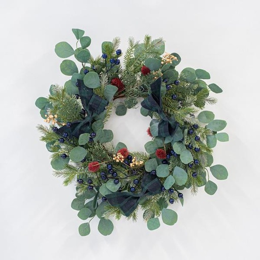 [600-45533] CORONA CON BAYAS AZULES Y LAZOS VERDES, 60cm
