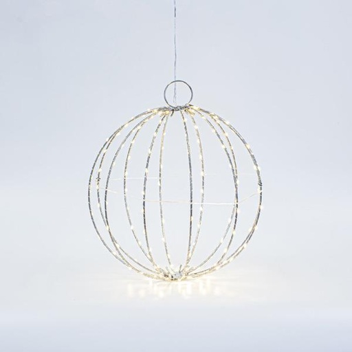 [600-22401] BOLA DE METAL PLATA ILUMINADA 30 cm, 144 MINI LED, ADAPTADOR FIJO, CABLE DE COBRE PLATA, LED BLANCO CÁLIDO, CABLE 3 m, IP44