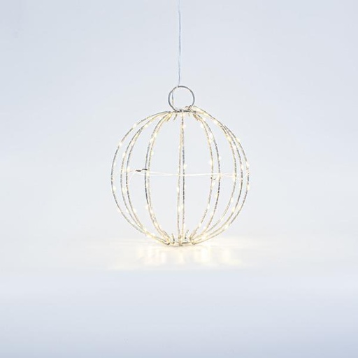 [600-22400] BOLA DE METAL PLATA ILUMINADA 20cm, 96 MINI LED, ADAPTADOR FIJO, CABLE DE COBRE PLATA, LED BLANCO CÁLIDO, CABLE 3m, IP44