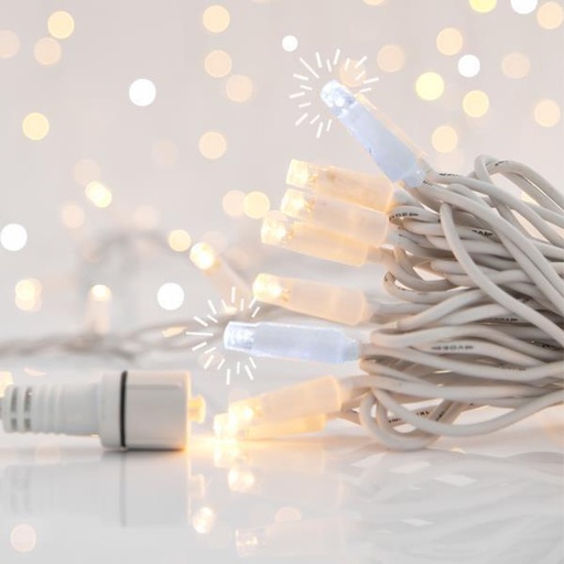 [600-09146] LÍNEA, 100 LED 5mm CON COPAS, 230V, 3 CONECTORES HASTA 9 SET, CABLE DE GOMA BLANCO, 90 LED BLANCO CÁLIDO + 10 LED FLASH BLANCO, POR 10cm, CABLE DE CONDUCCIÓN 1,5m, IP65