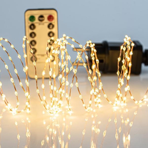 [600-11735] LÍNEA, 300 MINI LED, 31V, CON MANDO A DISTANCIA (ON/OFF, TEMPORIZADOR, DIMMER), CON ADAPTADOR, CABLE 300cm, CABLE COLOR COBRE, LED BLANCO CÁLIDO, POR 1,5 cm, IP44