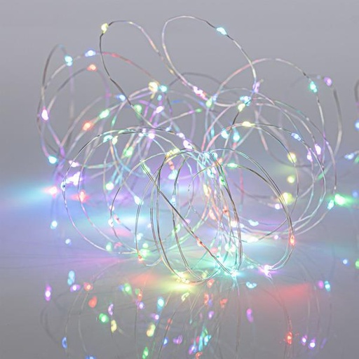 [600-11723] LINE 100 MINI LED, ADAPTADOR 4,5V Y MANDO (M/H, ON/OFF, TEMPORIZADOR), CABLE DE COBRE PLATA, LED RGB SINCRONIZADO, CABLE 500cm, POR 10cm, IP44