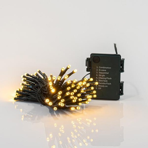 [600-11255] LÍNEA, 96 LED 3mm, FUNCIONAMIENTO CON BATERÍA, CON MULTIFUNCIÓN, MEMORIA Y TEMPORIZADOR, CABLE VERDE, LED BLANCO CÁLIDO CADA 7,5cm, CABLE 50cm, IP44