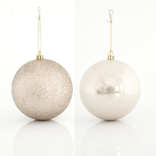 [600-42651] BOLAS BEIGE, PLÁSTICO, SET 6PZS, (2 PERLAS, 4 GLITTER), 10cm