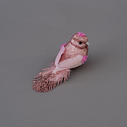 [600-45333] PAJARO ROSA, CON BRILLO Y PLUMAS, 15cm