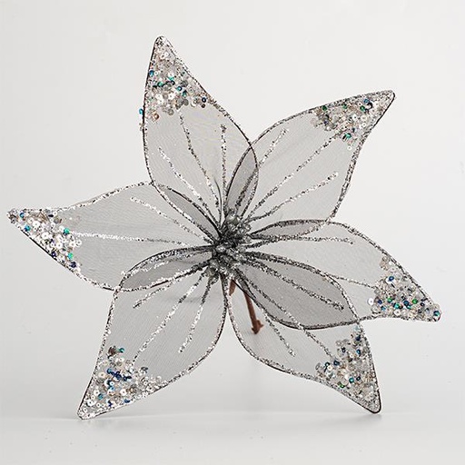 [600-44770] FLOR DE ORGANZA, GRIS TRANSPARENTE CON BRILLO, 30cm