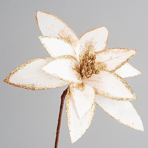 [600-45390] FLOR BLANCA, CON DORADO, BRILLO, CON TALLO LARGO 72cm, 23cm