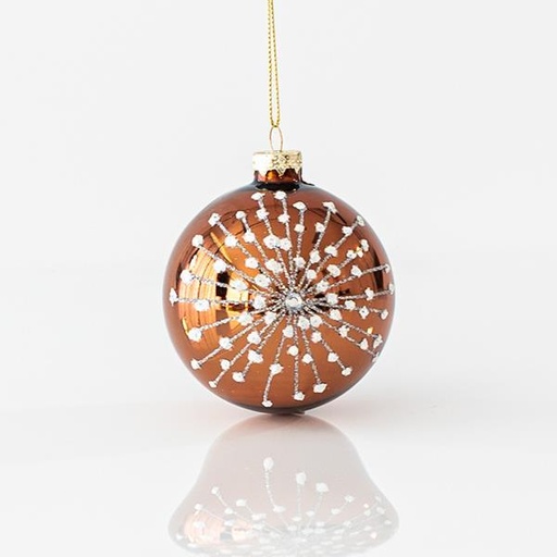 [600-45031] BOLAS DE CRISTAL, MARRÓN BRILLANTE, CON DISEÑOS BLANCOS, SET 4 UDS, 8cm
