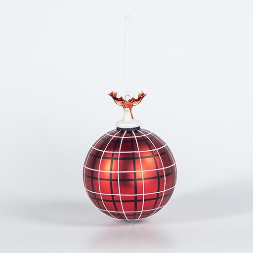[600-44860] BOLA DE CRISTAL, CON RENO DE PORCELANA, CUADROS ROJOS, 10cm, UDS 1