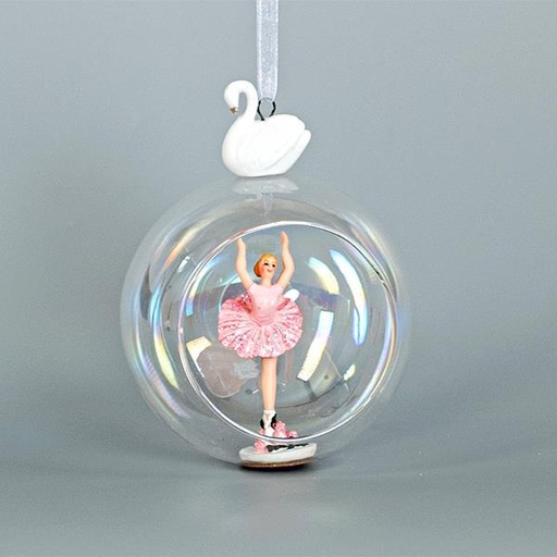 [600-44872] BOLA DE CRISTAL, CON CISNE DE PORCELANA, CON BAILARINA EN EL INTERIOR, 10x13cm