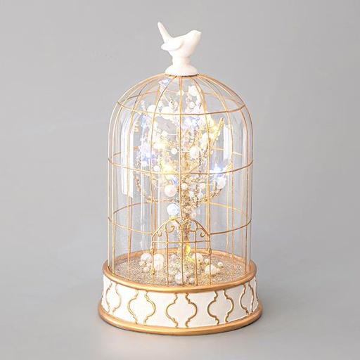 [600-44871] CAMPANA JAULA CRISTAL PÁJARO Y PERLA 12 LED 14,6x24cm