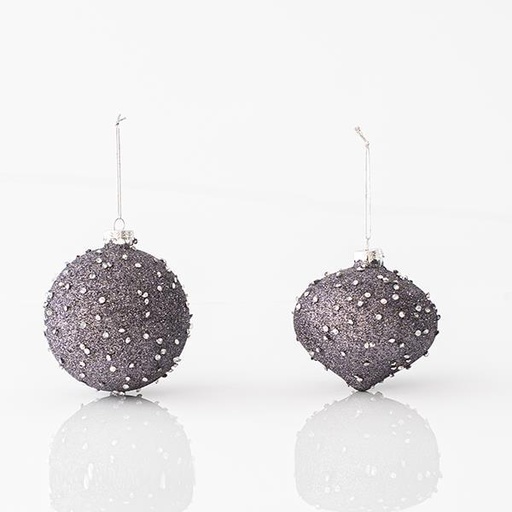[600-45050] ADORNO DE VIDRIO, GRIS, CON CUENTAS Y BRILLO, EN 2 FORMAS, SET 4PCS, 10cm