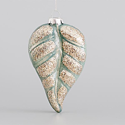[600-45110] ADORNO DE VIDRIO, HOJA, MENTA, CON BRILLO, SET 4PZS, 7x2,6x11,5cm