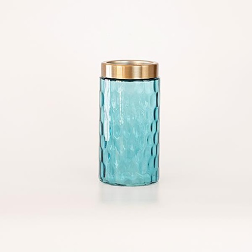 [600-45432] JARRON CRISTAL, AZUL CLARO, CON ORO, 10x11x22cm