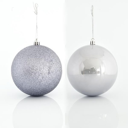 [600-42649] BOLAS DE PLÁSTICO GRIS, SET 6PZS, (2 PERLAS, 4 GLITTER), 10cm
