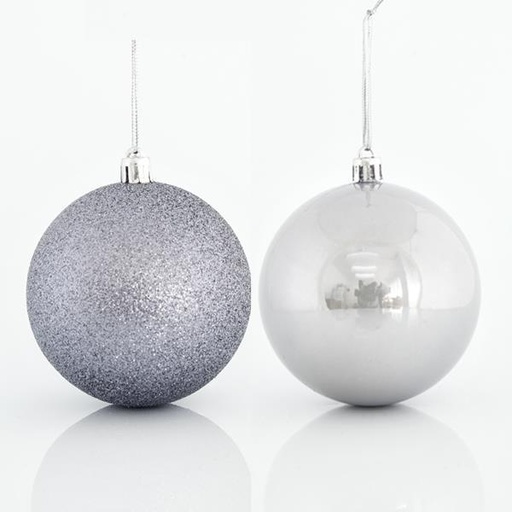 [600-42644] BOLA GRIS, PLÁSTICO, SET 6PZS, (2 PERLAS, 4 GLITTER), 8cm