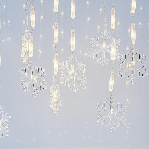 [600-11447] ICICLE, 56 LED 5mm CON 14 COPOS DE NIEVE 11cm, ADAPTADOR 3,4V, CABLE TRANSPARENTE, LED BLANCO CÁLIDO, H80xW300cm, CABLE 3m, IP44