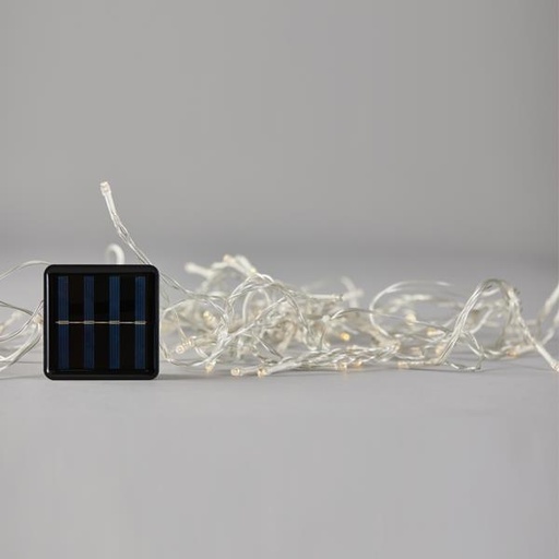 [600-04921] ICICLE, 72 LED 5mm, PANEL SOLAR CON SENSOR DE LUZ, 8 M/H, CABLE PVC TRANSPARENTE, LED BLANCO CÁLIDO (H70 x W225cm), CABLE CONDUCTOR 1m, IP44