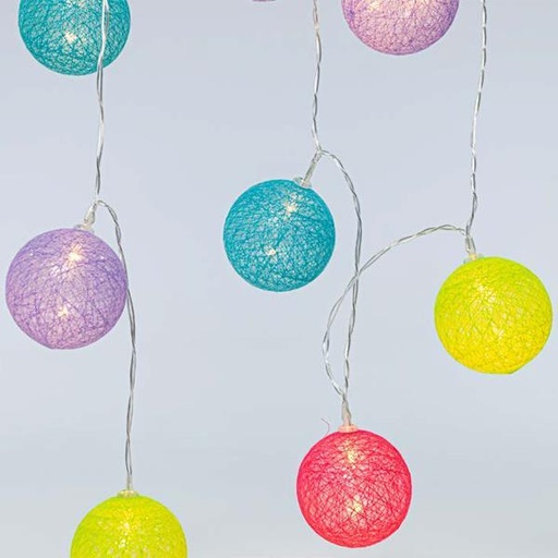 [600-11495] LÍNEA, 10 LED 5mm BOLAS MULTI ALGODÓN 6cm, ADAPTADOR 31V, CABLE TRANSPARENTE, LED BLANCO CÁLIDO POR 15cm, CABLE 3m, IP44