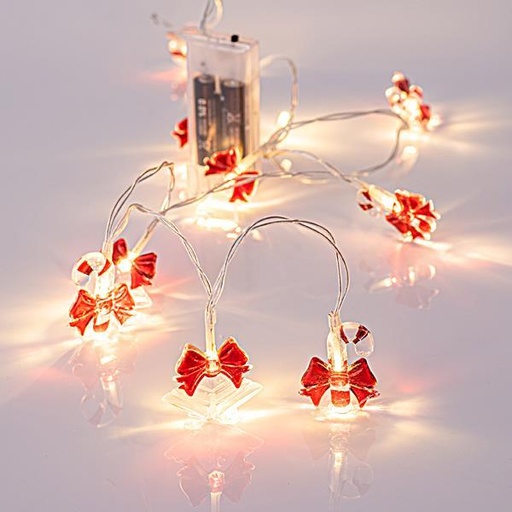 [600-11237] LÍNEA, 10 LED 5mm CON 5 CAMPANAS ACRÍLICO 4cm Y 5 CARAMELOS 3,9cm, CAJA DE PILAS 2xAA, CABLE TRANSPARENTE, LED BLANCO CÁLIDO POR 10cm, CABLE DE PLOMO 50cm, IP20