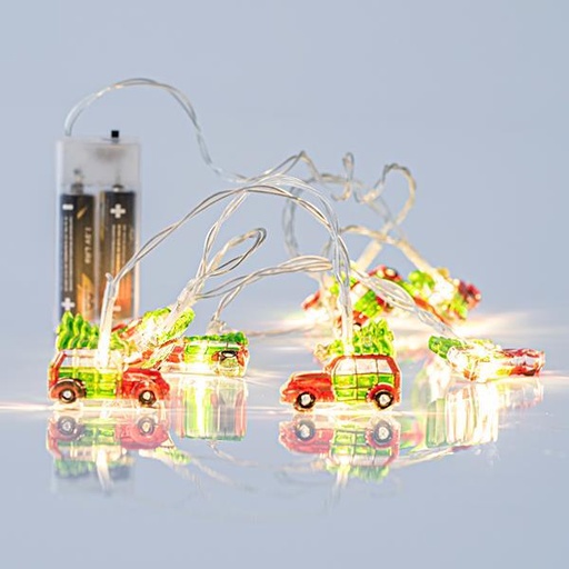 [600-11232] LÍNEA, 10 LED 5mm CON CARROS ACRÍLICOS 3,7cm, CAJA DE PILAS 2xAA, CABLE TRANSPARENTE, LED BLANCO CÁLIDO POR 10cm, CABLE 50cm, IP20