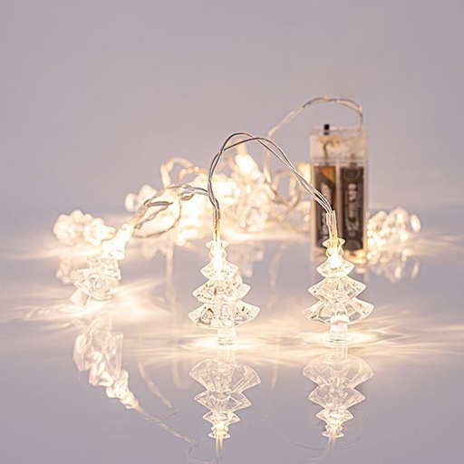 [600-11238] LÍNEA, 10 LED 5mm CON ÁRBOLES DE ACRÍLICO 4,7cm, CAJA DE PILAS 2xAA, CABLE TRANSPARENTE, LED BLANCO CÁLIDO POR 10cm, CABLE DE PLOMO 50cm, IP20