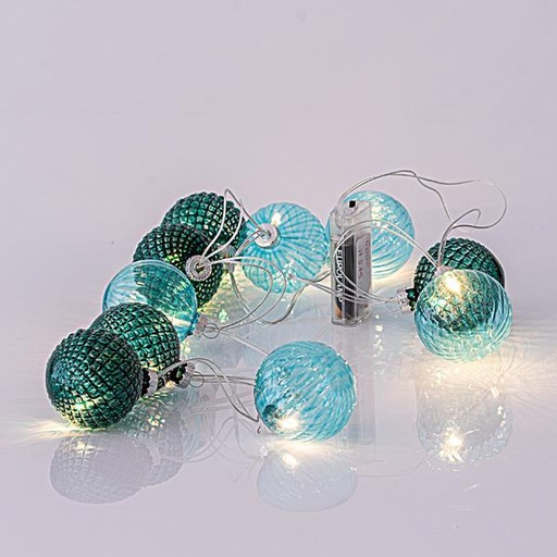 [600-11245] LINEA, 10 LED 5mm CON BOLAS DE CRISTAL VERDE 6cm, CAJA DE PILAS 3xAA, CABLE TRANSPARENTE, LED BLANCO CÁLIDO POR 15cm, CABLE DE PLOMO 50cm, IP20