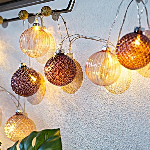 [600-11209] LINEA, 10 LED 5mm CON BOLAS CRISTAL ROSA 6cm, ADAPTADOR 4,5V, HILO TRANSPARENTE, LED BLANCO CALIDO POR 15cm, CABLE 3m, IP44