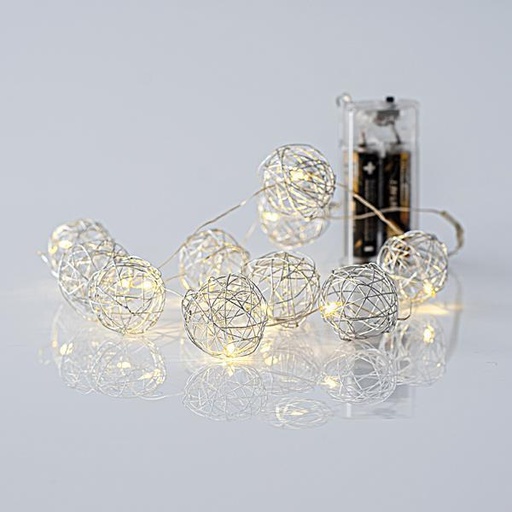 [600-11236] LÍNEA, 10 MINI LED CON BOLAS METÁLICAS 3cm, CAJA DE PILAS 2xAA, ALAMBRE DE COBRE PLATA, LED BLANCO CÁLIDO POR 10cm, CABLE DE PLOMO 50cm, IP20