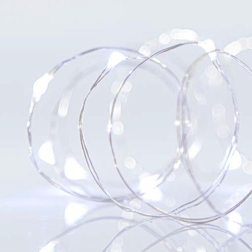 [600-11730] LINEA, 100 MINI LED, 3V, FIJA, CON ADAPTADOR, CABLE 500cm, CABLE COBRE PLATA, LED BLANCO, POR 10cm, IP44