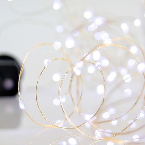 [600-11740] LINEA, 100 MINI LED, 4,5V, 8 MULTIFUNCIONES, CON ADAPTADOR, CABLE 500cm, CABLE COBRE PLATA, LED BLANCO, POR 10 cm, IP44