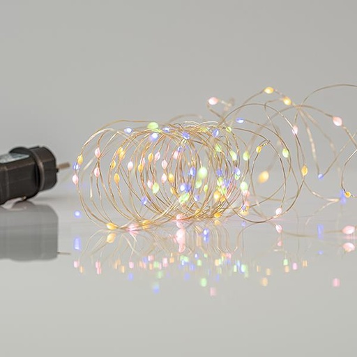 [600-11742] LINEA, 100 MINI LED, ADAPTADOR 4.5V CON 11 MULTIFUNCIONES, HILO COBRE PLATA, LED MULTI OPAL-BLANCO CÁLIDO POR 10cm, CABLE 5m, IP44
