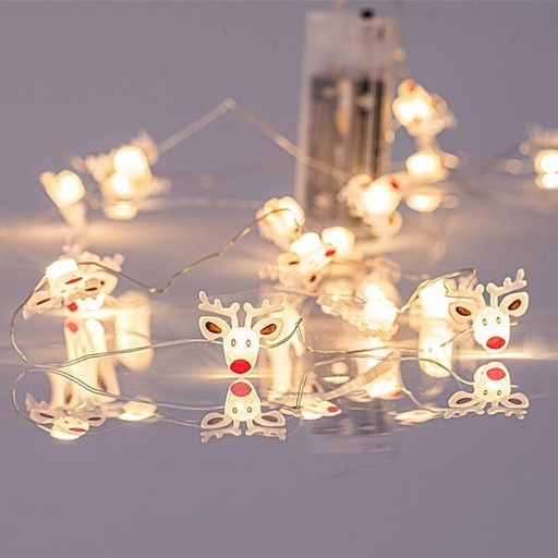 [600-11229] LINEA, 20 MINI LED CON CABEZA DE CIERVO ACRÍLICO 2,2cm, CAJA DE PILAS 2xAA, ALAMBRE DE COBRE PLATA, LED BLANCO CÁLIDO POR 10cm, CABLE DE PLOMO 30cm, IP20