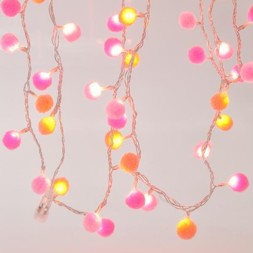 [600-11289] LINEA, 100 LED 3mm BOLAS ALGODÓN BLANCO Y ROSA 2cm, ADAPTADOR 31V, CONECTOR HASTA 3, HILO TRANSPARENTE, LED BLANCO CALIDO POR 5cm, CABLE 3m, IP44