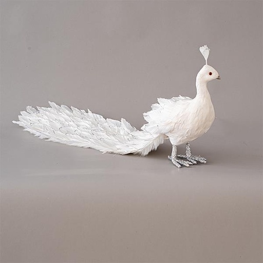 [600-45349] PAVO REAL BLANCO, CON BRILLO Y PLUMAS, 80cm