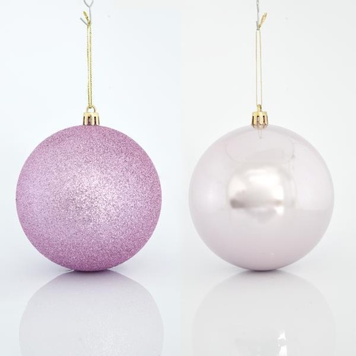 [600-42650] BOLAS DE PLÁSTICO ROSA, SET 6PZS, (2 PERLAS, 4 GLITTER), 10cm