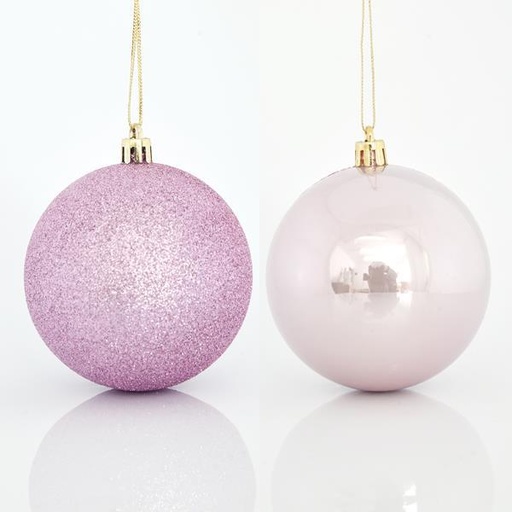 [600-42645] BOLAS ROSAS, PLÁSTICO, SET 6PZS, (2 PERLAS, 4 GLITTER), 8cm