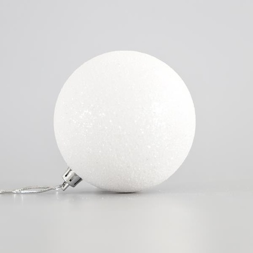 [600-42614] BOLAS DE PLÁSTICO BLANCAS CON BRILLO, SET 6PZS, 8cm