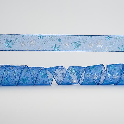 [600-44970] CINTA AZUL TRANSPARENTE, CON COPOS DE NIEVE, 6,35cm, 10A