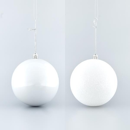 [600-42653] BOLA DE PLÁSTICO BLANCO, SET 6PZS, (2 PERLAS, 4 GLITTER), 10cm