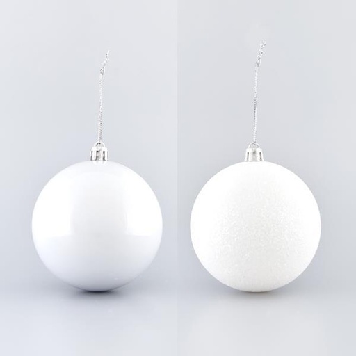 [600-42648] BOLAS DE PLÁSTICO BLANCO, SET 6PZS, (2 PERLAS, 4 GLITTER), 8cm