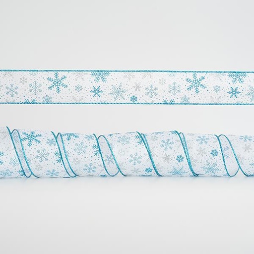 [600-44973] CINTA BLANCA, CON COPOS DE NIEVE PLATA Y AZUL, 6,35cm, 10A